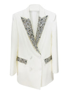 Platlogy Women's Luxury Designer Jacket Slim Fitting Rhinestone Diamonds Beaded Long Blazer Coat