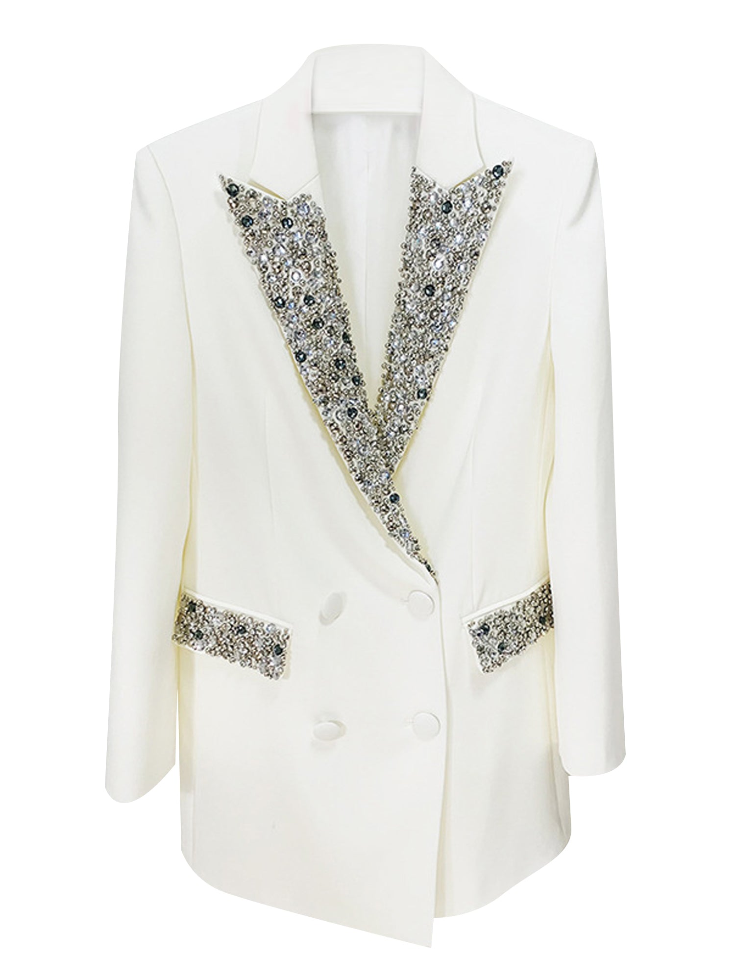 Platlogy Women's Luxury Designer Jacket Slim Fitting Rhinestone Diamonds Beaded Long Blazer Coat