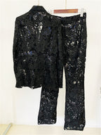 Platlogy Women's 2024 2 Pieces Suit Set Single Button Guipure Lace Sequined Blazer Jacket Pants Suit Outfit