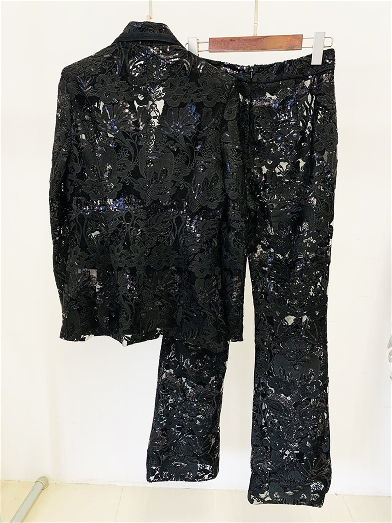 Platlogy Women's 2024 2 Pieces Suit Set Single Button Guipure Lace Sequined Blazer Jacket Pants Suit Outfit